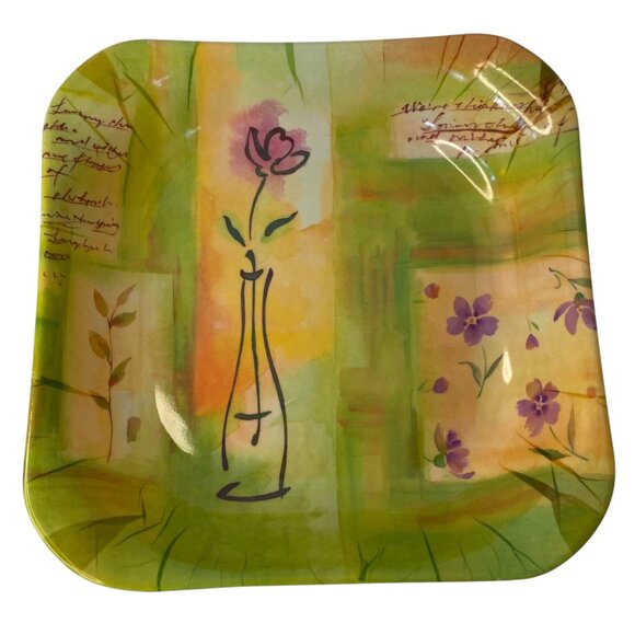 Square Melamine Serving Plate Floral Vase Green Purple Beach House Pic-nic 11" - Picture 1 of 5